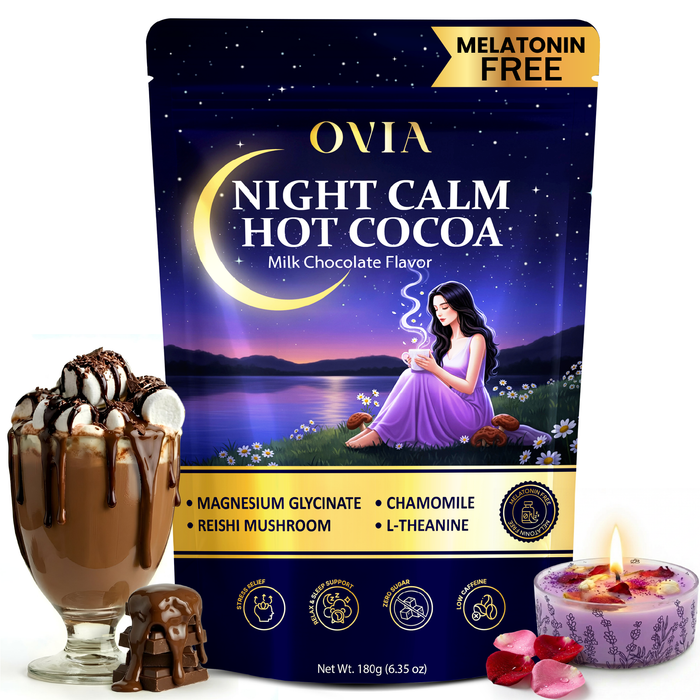 OVIA Night Calm Hot Cocoa for Sleep Support and Stress Relief, 180g, 30 Servings