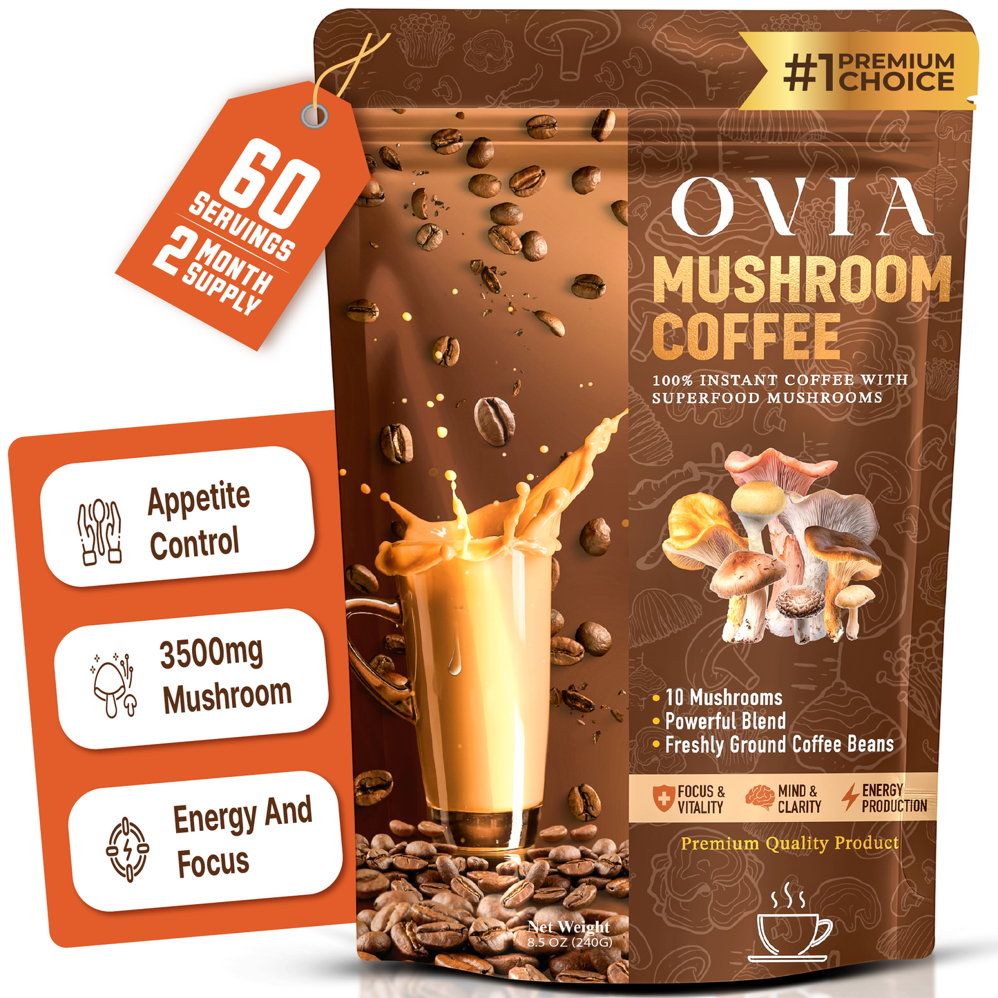 OVIA 10 Mushroom Coffee for Weight Loss, Energy, Focus, Gut Health, 240g, 60 Servings
